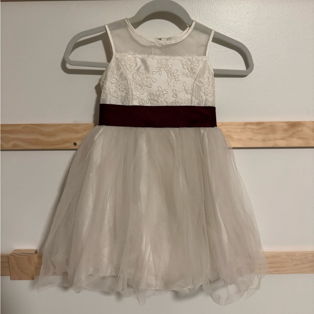 Flower Girl Ivory Kids Dress with Maroon Sash